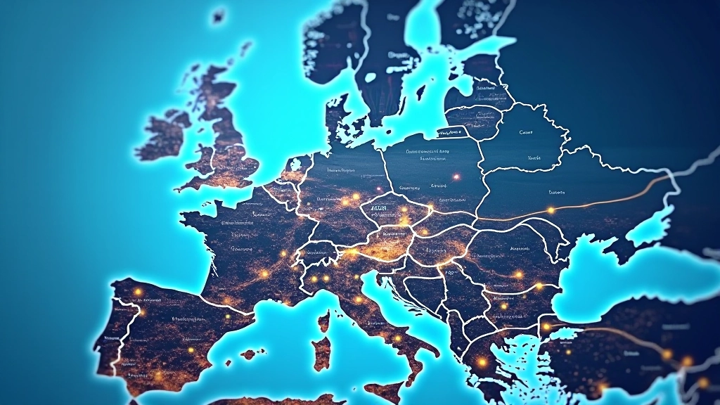 Mapa Evropy s zvýrazněnými cestami elektrického vedení a body zájmu v oblasti energetické sítě