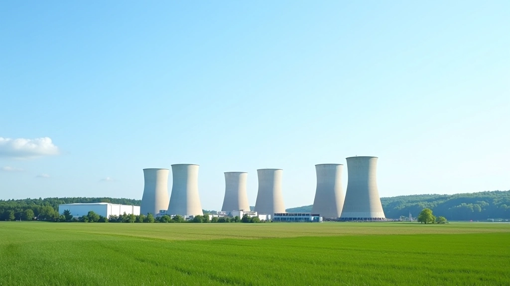 Moderní jaderná elektrárna s chladícími věžemi proti modrému nebi a zelenému krajinou